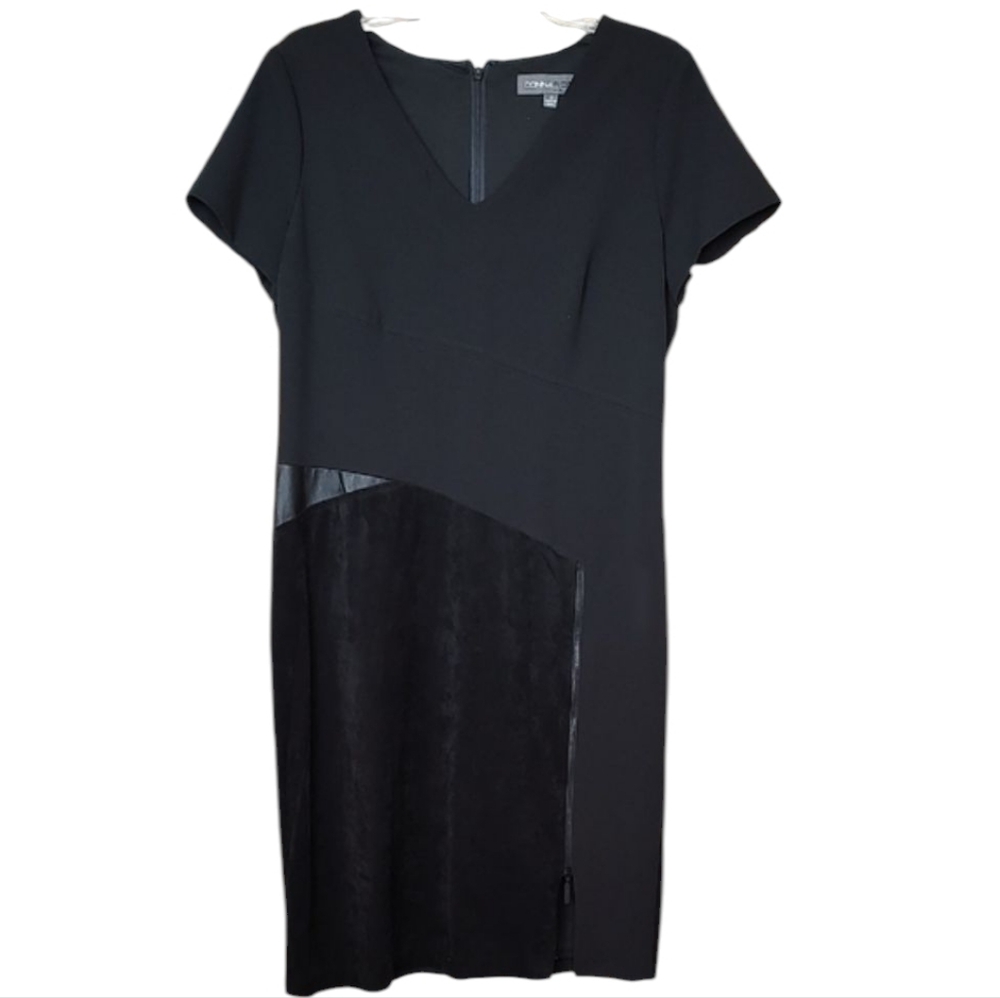 New Black Sheath Dress W/ Faux Leather Panel Accent Sz 14 Donna Ricco